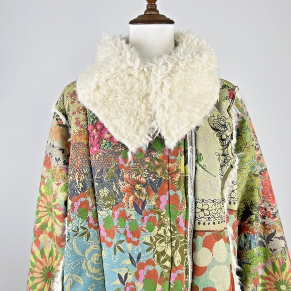 NWOT Johnny Was Sherpa Fur & Faux Suede Floral Coat Jacket Zipper Pockets Size L - Picture 3 of 13